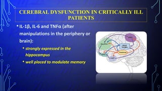 CEREBRAL DYSFUNCTION IN CRITICALLY ILL
PATIENTS
•IL-1β, IL-6 and TNFα (after
manipulations in the periphery or
brain):
• strongly expressed in the
hippocampus
• well placed to modulate memory
 