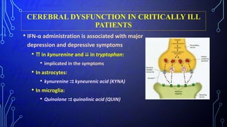 CEREBRAL DYSFUNCTION IN CRITICALLY ILL
PATIENTS
• IFN-α administration is associated with major
depression and depressive symptoms
• ⇈ in kynurenine and ⇊ in tryptophan:
• implicated in the symptoms
• In astrocytes:
• kynurenine ⇉ kyneurenic acid (KYNA)
• In microglia:
• Quinolone ⇉ quinolinic acid (QUIN)
 