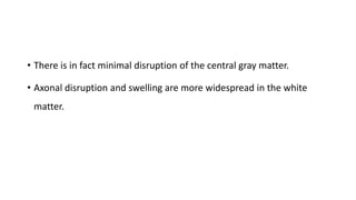 • There is in fact minimal disruption of the central gray matter.
• Axonal disruption and swelling are more widespread in the white
matter.
 