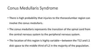Conus Medullaris Syndrome
• There is high probability that injuries to the thoracolumbar region can
involve the conus medullaris.
• The conus medullaris represents the transition of the spinal cord from
the central nervous system to the peripheral nervous system.
• The location of this region is highly variable—between the T12 and L1
disk space to the middle third of L2 in the majority of the population.
 