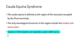 Cauda Equina Syndrome
• The cauda equina is defined as the region of the neuroaxis occupied
by the filum terminale.
• The only neurological structures in this region include the lumbar and
sacral roots.
• Injuries in this location are typically a pure LMN injury.
 