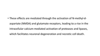 • These effects are mediated through the activation of N-methyl-d-
aspartate (NMDA) and glutamate receptors, leading to a rise in the
intracellular calcium-mediated activation of proteases and lipases,
which facilitates neuronal degeneration and necrotic cell death.
 
