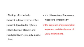 • Findings often include:
absent bulbocavernosus reflex
absent deep tendon reflexes
flaccid urinary bladder, and
reduced lower-extremity muscle
tone
• It is differentiated from conus
medullaris syndrome by
the presence of asymmetrical
weakness and the absence of
UMN involvement.
 