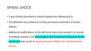 SPINAL SHOCK
• It was initially described as arterial hypotension following SCIs.
• The definition has evolved to include permanent extinction of tendon
reflexes.
• Additional modifications to the definition have since revised it to include
all findings related to the physiological and anatomical transection of the
spinal cord that results in depressed spinal reflexes for a limited period
of time.
 