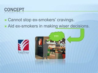 CONCEPT
Cannot stop ex-smokers’ cravings.
 Aid ex-smokers in making wiser decisions.


???

 