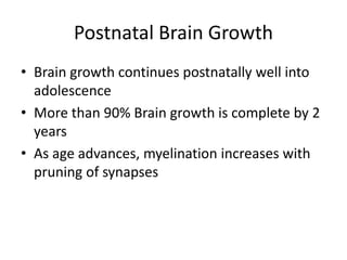 Postnatal Brain Growth 
• Brain growth continues postnatally well into 
adolescence 
• More than 90% Brain growth is complete by 2 
years 
• As age advances, myelination increases with 
pruning of synapses 
 