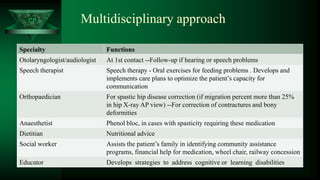 CP Multidisciplinary approach
Specialty Functions
Otolaryngologist/audiologist At 1st contact --Follow-up if hearing or speech problems
Speech therapist Speech therapy - Oral exercises for feeding problems . Develops and
implements care plans to optimize the patient’s capacity for
communication
Orthopaedician For spastic hip disease correction (if migration percent more than 25%
in hip X-ray AP view) --For correction of contractures and bony
deformities
Anaesthetist Phenol bloc, in cases with spasticity requiring these medication
Dietitian Nutritional advice
Social worker Assists the patient’s family in identifying community assistance
programs, financial help for medication, wheel chair, railway concession
Educator Develops strategies to address cognitive or learning disabilities
 