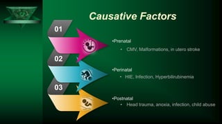 CP
Causative Factors
• CMV, Malformations, in utero stroke
•Prenatal
• HIE, Infection, Hyperbilirubinemia
•Perinatal
• Head trauma, anoxia, infection, child abuse
•Postnatal
01
02
03
 