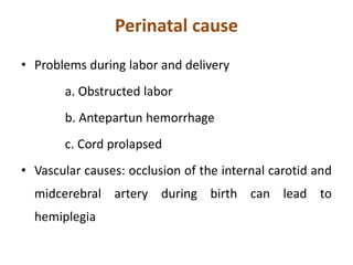 Perinatal cause
• Problems during labor and delivery
a. Obstructed labor
b. Antepartun hemorrhage
c. Cord prolapsed
• Vascular causes: occlusion of the internal carotid and
midcerebral artery during birth can lead to
hemiplegia
 
