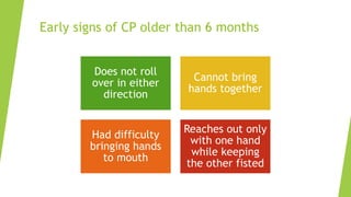 Early signs of CP older than 6 months
Does not roll
over in either
direction
Cannot bring
hands together
Had difficulty
bringing hands
to mouth
Reaches out only
with one hand
while keeping
the other fisted
 