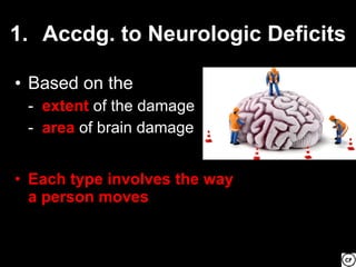 1. Accdg. to Neurologic Deficits

• Based on the
 - extent of the damage
 - area of brain damage


• Each type involves the way
  a person moves
 