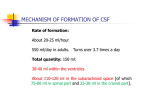 MECHANISM OF FORMATION OF CSF
Rate of formation:
About 20-25 ml/hour
550 ml/day in adults. Turns over 3.7 times a day
Total quantity: 150 ml:
30-40 ml within the ventricles
About 110-120 ml in the subarachnoid space [of which
75-80 ml in spinal part and 25-30 ml in the cranial part].
 