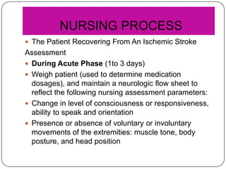 NURSING PROCESS
 The Patient Recovering From An Ischemic Stroke

Assessment
 During Acute Phase (1to 3 days)
 Weigh patient (used to determine medication
dosages), and maintain a neurologic flow sheet to
reflect the following nursing assessment parameters:
 Change in level of consciousness or responsiveness,
ability to speak and orientation
 Presence or absence of voluntary or involuntary
movements of the extremities: muscle tone, body
posture, and head position

 