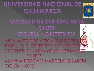 ÁREA: MÉTODOS Y TÉCNICAS DE ESTUDIO
TRABAJO: EL CEREBRO Y SUS HEMISFERIOS
DOCENTE: Dr. ALEX MIGUEL HERNÁNDEZ
           TORRES
ALUMNA:TERRONES MARCELO ELIZABETH
CICLO: I -2012
 