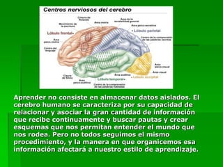 Aprender no consiste en almacenar datos aislados. El
cerebro humano se caracteriza por su capacidad de
relacionar y asociar la gran cantidad de información
que recibe continuamente y buscar pautas y crear
esquemas que nos permitan entender el mundo que
nos rodea. Pero no todos seguimos el mismo
procedimiento, y la manera en que organicemos esa
información afectará a nuestro estilo de aprendizaje.
 