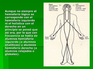 Aunque no siempre el
hemisferio lógico se
corresponde con el
hemisferio izquierdo
ni el holístico con el
derecho en un
principio se pensó que
así era, por lo que con
frecuencia se habla de
alumnos hemisferio
izquierdo (o alumnos
analíticos) y alumnos
hemisferio derecho (o
alumnos relajados o
globales).
 