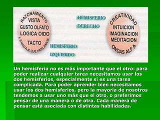 Un hemisferio no es más importante que el otro: para
poder realizar cualquier tarea necesitamos usar los
dos hemisferios, especialmente si es una tarea
complicada. Para poder aprender bien necesitamos
usar los dos hemisferios, pero la mayoría de nosotros
tendemos a usar uno más que el otro, o preferimos
pensar de una manera o de otra. Cada manera de
pensar está asociada con distintas habilidades.
 