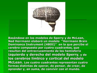 Basándose en los modelos de Sperry y de McLean,
Ned Herrmann elaboró un modelo “Herrmann Brain
Dominance Instrument (HBDI)” en la que percibe el
cerebro compuesto por cuatro cuadrantes, que
resultan del entrecruzamiento de los hemisferio
izquierdo y derecho del modelo Sperry, y de
los cerebros límbico y cortical del modelo
McLean. Los cuatro cuadrantes representan cuatro
formas distintas de operar, de pensar, de crear, de
aprender y, en suma, de convivir con el mundo.
 