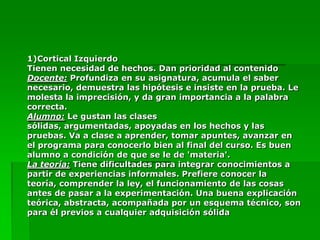 1)Cortical Izquierdo
Tienen necesidad de hechos. Dan prioridad al contenido
Docente: Profundiza en su asignatura, acumula el saber
necesario, demuestra las hipótesis e insiste en la prueba. Le
molesta la imprecisión, y da gran importancia a la palabra
correcta.
Alumno: Le gustan las clases
sólidas, argumentadas, apoyadas en los hechos y las
pruebas. Va a clase a aprender, tomar apuntes, avanzar en
el programa para conocerlo bien al final del curso. Es buen
alumno a condición de que se le de 'materia'.
La teoría: Tiene dificultades para integrar conocimientos a
partir de experiencias informales. Prefiere conocer la
teoría, comprender la ley, el funcionamiento de las cosas
antes de pasar a la experimentación. Una buena explicación
teórica, abstracta, acompañada por un esquema técnico, son
para él previos a cualquier adquisición sólida
 