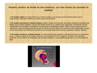 Nuestro cerebro se divide en tres cerebros, con tres modos de procesar la
realidad
• 1. El cerebro reptil es el más primitivo en nuestro cerebro y se encarga de los instintos básicos de la
supervivencia. Resuelve el 80% de nuestra supervivencia diaria.
• 2. El cerebro emocional o sistema límbico (cerebro medio) es la porción del cerebro situada inmediatamente
debajo de la corteza cerebral y encima del cerebro reptil. Es un cerebro más sofisticado. Comprende centros
importantes como el tálamo, hipotálamo, el hipocampo, la amígdala cerebral. Estos centros funcionan en los
mamíferos, siendo la base de las emociones. En el ser humano, estos son los centros de la afectividad, es aquí
donde se procesan las distintas emociones que el hombre experimenta: penas, angustias, alegrías intensas.
• 3. El cerebro racional o corteza cerebral. Por encima del bulbo raquídeo y del sistema límbico, la naturaleza
puso un cerebro adicional, el cerebro racional y dio nacimiento al Homo sapiens. Permite el pensamiento
abstracto, va más allá de la inmediatez del momento presente y nos posibilita desarrollar un yo consciente (El
Ego).
 