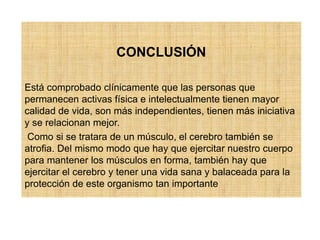 CONCLUSIÓN
Está comprobado clínicamente que las personas que
permanecen activas física e intelectualmente tienen mayor
calidad de vida, son más independientes, tienen más iniciativa
y se relacionan mejor.
Como si se tratara de un músculo, el cerebro también se
atrofia. Del mismo modo que hay que ejercitar nuestro cuerpo
para mantener los músculos en forma, también hay que
ejercitar el cerebro y tener una vida sana y balaceada para la
protección de este organismo tan importante
 