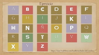 Ejercicio
A


D
B


I
C


I
D


D
E


J
F


J
G


I
H


D
I


I
J


J
K


D
L


D
M


J
N


D
Ñ


D
P


D
O


I
Q


D
U


D
T


J
Y


J
S


D
W


D
V


I
R


I
X


D
Z


I
https://www.healthline.com/health/es/lados-del-cerebro
 