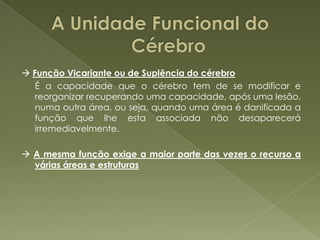 Plasticidade e Complexidade do Cérebro	A ideia de especialização das áreas do cérebro em determinadas funções, após várias investigações e comparações do papel dos Hemisférios do Cérebro, foi confirmada pois estes assumem funções distintas.Hemisfério Esquerdo	Está especializado em funções que dizem respeito à linguagem, às aptidões matemáticas e controla o lado direito do corpo.Hemisfério Direito	Está relacionado com as relações espaciais e visuais e controla o lado esquerdo do corpo. 