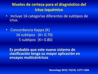 Niveles de certeza para el diagnóstico del
ictus isquémico
• Incluye 16 categorìas diferentes de subtipos de
ictus.
• Concordancia Kappa (K)
16 subtipos (K= 0.70)
5 subtipos (K= 0.80)
Es probable que este nuevo sistema de
clasificación tenga su mayor aplicación en
ensayos multicéntricos
Neurology 2010; 75(14): 1277-1284.
 
