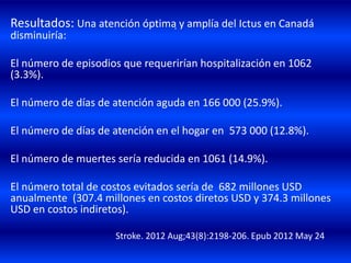 .
Resultados: Una atención óptima y amplía del Ictus en Canadá
disminuiría:
El número de episodios que requerirían hospitalización en 1062
(3.3%).
El número de días de atención aguda en 166 000 (25.9%).
El número de días de atención en el hogar en 573 000 (12.8%).
El número de muertes sería reducida en 1061 (14.9%).
El número total de costos evitados sería de 682 millones USD
anualmente (307.4 millones en costos diretos USD y 374.3 millones
USD en costos indiretos).
Stroke. 2012 Aug;43(8):2198-206. Epub 2012 May 24
 