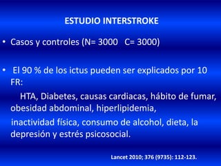 ESTUDIO INTERSTROKE
• Casos y controles (N= 3000 C= 3000)
• El 90 % de los ictus pueden ser explicados por 10
FR:
HTA, Diabetes, causas cardiacas, hábito de fumar,
obesidad abdominal, hiperlipidemia,
inactividad física, consumo de alcohol, dieta, la
depresión y estrés psicosocial.
Lancet 2010; 376 (9735): 112-123.
 
