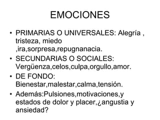 EMOCIONES PRIMARIAS O UNIVERSALES: Alegría , tristeza, miedo ,ira,sorpresa,repugnanacia. SECUNDARIAS O SOCIALES: Vergüenza,celos,culpa,orgullo,amor. DE FONDO: Bienestar,malestar,calma,tensión. Además:Pulsiones,motivaciones,y estados de dolor y placer,¿angustia y ansiedad?  