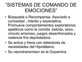 “ SISTEMAS DE COMANDO DE EMOCIONES” Búsqueda o Recompensa: Asociado a curiosidad , interés y expectativa. Promueve comportamientos exploratorios apetitivos como la comida ,bebida, sexo, vínculo amoroso, juegos desenfrenados y violencia fría depredadora. Se activa y frena con detectores de necesidades del Hipotálamo. Su neurotransmisor es la Dopamina  