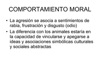COMPORTAMIENTO MORAL La agresión se asocia a sentimientos de rabia, frustración y disgusto (odio) La diferencia con los animales estaría en la capacidad de vincularse y apegarse a ideas y asociaciones simbólicas culturales y sociales abstractas 