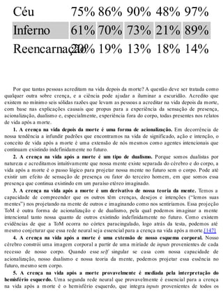 Céu 75% 86% 90% 48% 97% 
In fer no 61% 70% 73% 21% 89% 
Reen car na ç2ã0o% 19% 13% 18% 14% 
Por que tantas pessoas acreditam na vida depois da morte? A questão deve ser tratada como 
qualquer outra sobre crença, e a ciência pode ajudar a iluminar a escuridão. Acredito que 
existem no mínimo seis sólidas razões que levam as pessoas a acreditar na vida depois da morte, 
com base nas explicações causais que propus para a experiência da sensação de presença, 
acionalização, dualismo e, especialmente, experiência fora do corpo, todas presentes nos relatos 
de vida após a mor te. 
1. A crença na vida depois da morte é uma forma de acionalização. Em decorrência de 
nossa tendência a infundir padrões que encontramos na vida de significado, ação e intenção, o 
conceito de vida após a morte é uma extensão de nós mesmos como agentes intencionais que 
con ti nu am exis tin do in de fi ni da men te no fu tu ro. 
2. A crença na vida após a morte é um tipo de dualismo. Porque somos dualistas por 
natureza e acreditamos intuitivamente que nossa mente existe separada do cérebro e do corpo, a 
vida após a morte é o passo lógico para projetar nossa mente no futuro sem o corpo. Pode até 
existir um efeito de sensação de presença ou fator do terceiro homem, em que somos essa 
pre sen ça que con ti nua exis tin do em um pa ra í so eté reo ima gi na do. 
3. A crença na vida após a morte é um derivativo de nossa teoria da mente. Temos a 
capacidade de compreender que os outros têm crenças, desejos e intenções (“lemos suas 
mentes”) nos projetando na mente de outros e imaginando como nos sentiríamos. Essa projeção 
ToM é outra forma de acionalização e de dualismo, pela qual podemos imaginar a mente 
intencional tanto nossa quanto de outros existindo indefinidamente no futuro. Como existem 
evidências de que a ToM ocorra no córtex paracingulado, logo atrás da testa, podemos até 
mes mo con je tu rar que essa rede neu ral seja es sen ci al para a cren ça na vida após a mor te.[147] 
4. A crença na vida após a morte é uma extensão de nosso esquema corporal. Nosso 
cérebro constrói uma imagem corporal a partir de uma miríade de in puts provenientes de cada 
recesso de nosso corpo. Quando esse self singular se casa com nossa capacidade de 
acionalização, nosso dualismo e nossa teoria da mente, podemos projetar essa essência no 
fu tu ro, mes mo sem cor po. 
5. A crença na vida após a morte provavelmente é mediada pela interpretação do 
hemisfério esquerdo. Uma segunda rede neural que provavelmente é essencial para a crença 
na vida após a morte é o hemisfério esquerdo, que integra in puts provenientes de todos os 
 