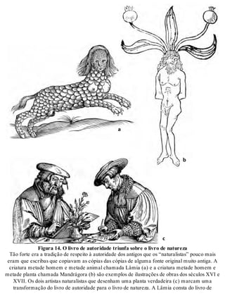 Fi gu ra 14. O li vro de au to ri da de triun fa so bre o li vro de na tu re za 
Tão for te era a tra di ção de res pei to à au to ri da de dos an ti gos que os “na tu ra lis tas” pou co mais 
eram que es cri bas que co pi a vam as có pi as das có pi as de al gu ma fon te ori gi nal mui to an ti ga. A 
cri a tu ra me ta de ho mem e me ta de ani mal cha ma da Lâ mia (a) e a cri a tu ra me ta de ho mem e 
me ta de plan ta cha ma da Man drá go ra (b) são exem plos de ilus tra ções de obras dos sé cu los XVI e 
XVII. Os dois ar tis tas na tu ra lis tas que de se nham uma plan ta ver da dei ra (c) mar cam uma 
trans for ma ção do li vro de au to ri da de para o li vro de na tu re za. A Lâ mia cons ta do li vro de 
 