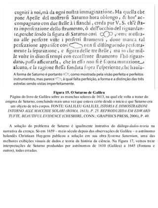 Fi gu ra 15. O Sa tur no de Ga li leu 
Pá gi na do li vro de Ga li leu so bre as man chas so la res de 1613, na qual ele vol ta a tra tar do 
enig ma de Sa tur no, con clu in do mais uma vez que es ta va cer to des de o iní cio e que Sa tur no era 
um ob je to de três cor pos. FON TE: GA LI LEU GA LI LEI, IS TO RIA E DI MOS TRA ZI O NI 
IN TOR NO ALLE MAC CHIE SO LA RI (ROMA, 1613), P. 25. RE PRO DU ZI DA EM EDWARD 
TUF TE, BE AU TI FUL EVI DEN CE (CHESHI RE, CONN.: GRAP HICS PRESS, 2006), P. 49. 
A solução do problema de Saturno é igualmente instrutiva do diálogo da dos-te o ria na 
narrativa da crença. Só em 1659 – meio século depois das observações de Galileu – o astrônomo 
holandês Christiaan Huy gens publicou a solução em sua obra Systema Saturnium, uma das 
melhores exibições visuais de dados e teoria da história da ciência. Na Figura 17, vemos treze 
interpretações de Saturno produzidas por astrônomos de 1610 (Galileu) a 1645 (Fontana e 
ou tros), to das er ra das. 
 