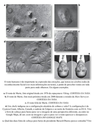 O ros to hu ma no é tão im por tan te na ex pres são das emo ções, que te mos no cé re bro re des de 
re co nhe ci men to fa ci al (ver mais in for ma ções no tex to), a pon to de per ce ber ros tos em toda 
par te para onde olha mos. Eis al guns exem plos. 
a. O ros to de Mar te, foto ori gi nal ti ra da em 1976 da es pa ço na ve Viking. COR TE SIA DA NASA. 
b. O ros to de Mar te, foto mais pró xi ma ti ra da em 2000 du ran te a mis são da Mars Sur veyor. 
COR TE SIA DA NASA. 
c. O ros to fe liz de Mar te. COR TE SIA DA NASA. 
d. Um che fe in dí ge na ou a con fi gu ra ção ale a tó ria de co li nas e va les? A con fi gu ra ção é do 
Cy press Count, Al ber ta, Ca na dá, a su des te de Cal ga ru e ao nor te da fron tei ra com os EUA. Vire 
o li vro de ca be ça para bai xo para ver a ima gem de uma pers pec ti va di fe ren te, ou en tre no 
Go o gle Maps, dê um zoom na ima gem e gire-a para ver o ros to apa re cer e de sa pa re cer. 
COR TE SIA DO GO O GLE MAPS. 
e. Qual das duas fo tos de ca be ça para bai xo do pre si den te Ba rack Oba ma pa re ce es tra nha? Vire 
 