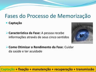 Fases do Processo de Memorização
    Captação


    Característica da Fase: A pessoa recebe
     informações através de seus cinco sentidos

    Como Otimizar o Rendimento da Fase: Cuidar
     da saúde e ter acuidade




Captação + fixação + manutenção + recuperação + transmissão
 
