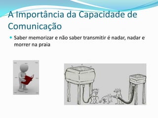 A Importância da Capacidade de
Comunicação
 Saber memorizar e não saber transmitir é nadar, nadar e
 morrer na praia
 