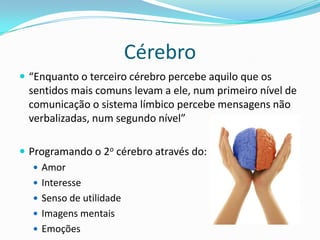 Cérebro
 “Enquanto o terceiro cérebro percebe aquilo que os
 sentidos mais comuns levam a ele, num primeiro nível de
 comunicação o sistema límbico percebe mensagens não
 verbalizadas, num segundo nível”

 Programando o 2o cérebro através do:
    Amor
    Interesse
    Senso de utilidade
    Imagens mentais
    Emoções
 