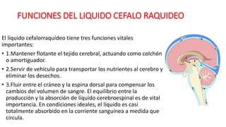 FUNCIONES DEL LIQUIDO CEFALO RAQUIDEO
El líquido cefalorraquídeo tiene tres funciones vitales
importantes:
• 1.Mantener flotante el tejido cerebral, actuando como colchón
o amortiguador.
• 2.Servir de vehículo para transportar los nutrientes al cerebro y
eliminar los desechos.
• 3.Fluir entre el cráneo y la espina dorsal para compensar los
cambios del volumen de sangre. El equilibrio entre la
producción y la absorción de líquido cerebroespinal es de vital
importancia. En condiciones ideales, el líquido es casi
totalmente absorbido en la corriente sanguínea a medida que
circula.
 