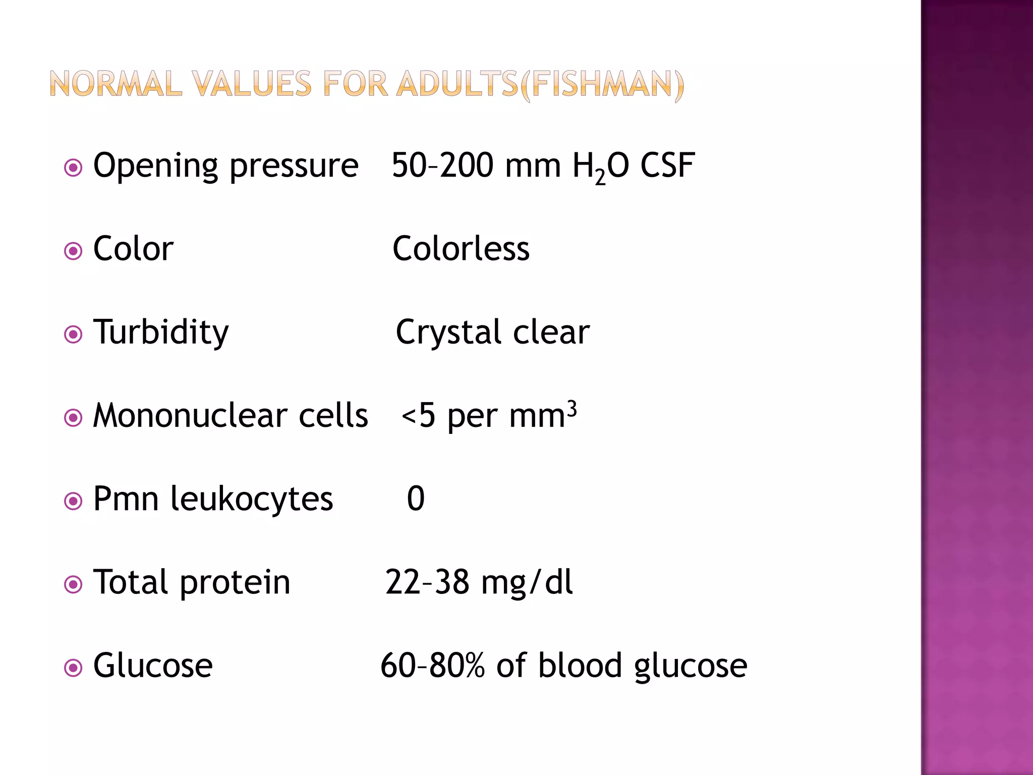 Normal Values for Adults(fishman) Opening pressure   50–200 mm H2O CSF Color                     ColorlessTurbidity                Crystal clearMononuclear cells   <5 per mm3Pmn leukocytes       0Total protein         22–38 mg/dl Glucose                60–80% of blood glucose