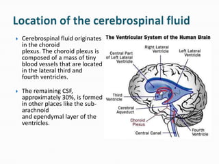    Cerebrospinal fluid originates
    in the choroid
    plexus. The choroid plexus is
    composed of a mass of tiny
    blood vessels that are located
    in the lateral third and
    fourth ventricles.

   The remaining CSF,
    approximately 30%, is formed
    in other places like the sub-
    arachnoid
    and ependymal layer of the
    ventricles.
 