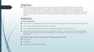 Diagnosis :
 testing typically used to aid in the diagnosis of AE includes MRI of the brain with
contrast, electroencephalogram (EEG), blood and cerebrospinal fluid analysis for
markers of inflammation. Your doctors may specifically look for antibodies which
the immune system to attack the brain causing encephalitis. These antibodies may be
found both in the blood and cerebrospinal fluid, so testing both is necessary in most
cases.
Treatment :
First line treatment :
 removal of a teratoma (if present) that could be triggering the autoimmune response;
 use of anti-inflammatory drugs (ie. steroids);
 use of plasmapheresis to remove harmful antibodies from blood; and
 treatment with intravenous immunoglobulin (IVIG); to increase removal of antibodies,
inhibit binding of the harmful antibodies, and decrease the inflammatory response to
antibodies.
The three most common “second line” drugs used for AE are:
 Rituximab
 CellCept
 Cytoxan (cyclophosphamide).
 