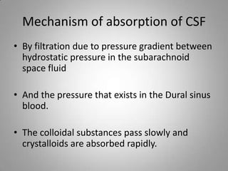 Mechanism of absorption of CSFBy filtration due to pressure gradient between hydrostatic pressure in the subarachnoid space fluidAnd the pressure that exists in the Dural sinus blood.The colloidal substances pass slowly and crystalloids are absorbed rapidly.