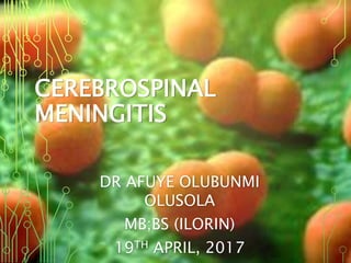CEREBROSPINAL
MENINGITIS
BY
DR AFUYE OLUBUNMI
OLUSOLA
MB;BS (ILORIN)
19TH APRIL, 2017
 