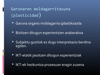 Garunaren moldagarritasuna
(plasticidad)
 Garuna organo moldagarria (plastikoa)da
 Bizitzen ditugun esperientzien araberakoa
 Subjektu guztiok ez dugu interpretazio berdina

egiten.

 IKT-etatik jasotzen ditugun esperientziak
 IKT-ek hezkuntza prozesuan eragin zuzena

 