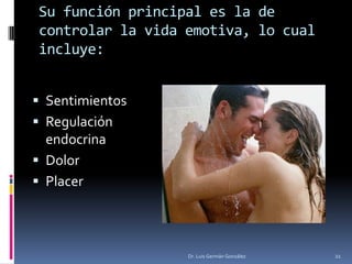 Su función principal es la de
controlar la vida emotiva, lo cual
incluye:
 Sentimientos
 Regulación
endocrina
 Dolor
 Placer
Dr. Luis Germán González 21
 