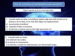 TEST DE SISTEMA DE REPRESENTACION FAVORITO
Elige la opción a), b) o c) más adecuada:
1. Cuando estás en clase y el profesor explica algo que está escrito en la
pizarra o en tu libro, te es más fácil seguir las explicaciones:
a) escuchando al profesor
b) leyendo el libro o la pizarra
c) te aburres y esperas que te den algo que hacer a ti
2. Cuando estás en clase:
a) te distraen los ruidos
b) te distrae el movimiento
c) te distraes cuando las explicaciones son demasiado largas
 