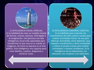 C) INTELIGENCIA VISUAL-ESPACIAL:
Es la habilidad de crear un modelo mental
de formas, colores, texturas, Está ligada a
la imaginación. Una persona con alta
inteligencia visual está capacitada para
transformar lo que crea en su mente en
imágenes, tal como se expresa en el arte
gráfico. Esta inteligencia nos capacita para
crear diseños, cuadros, diagramas y
construir cosas.
D) INTELIGENCIA CORPORAL-CINÉTICA:
Es la habilidad para controlar los
movimientos de todo nuestro cuerpo para
realizar actividades físicas. Se usa para
efectuar actividades como deportes, que
requiere coordinación y ritmo controlado
y utilizar el propio cuerpo para realizar
actividades o resolver problemas. Es la
inteligencia de los deportistas, los
artesanos, los cirujanos y los bailarines.
 